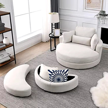 Swivel Barrel Chair with Half Moon Storage Ottoman, Modern Accent Armchair for Living Room with 4 Pillows, Linen Fabric Comfy